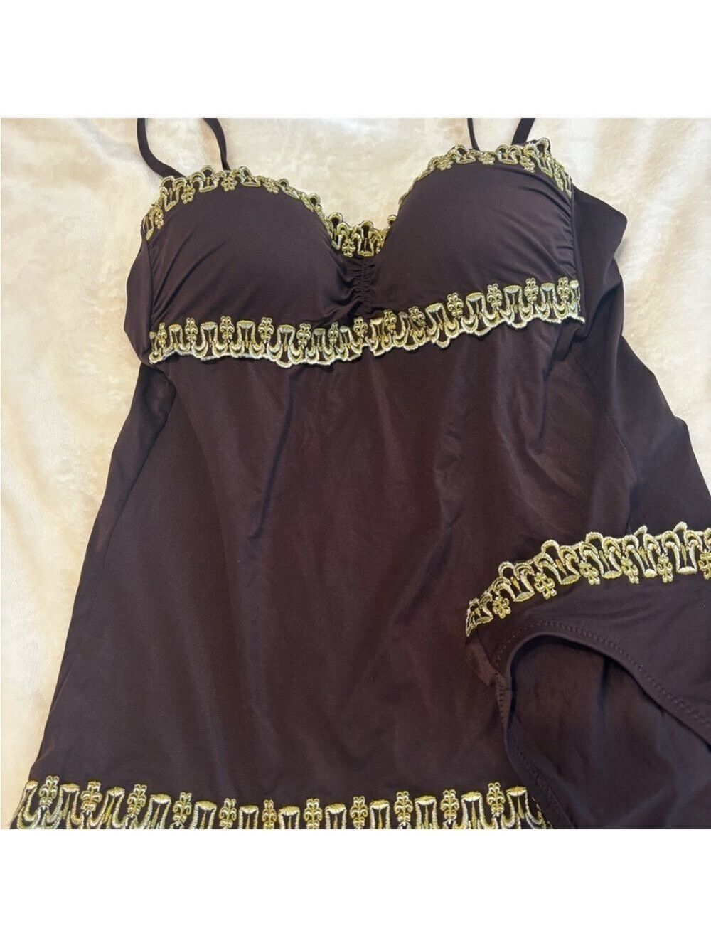 Becca by Rebecca Virtue Embroidered Brown Tankini Set. Sz Medium